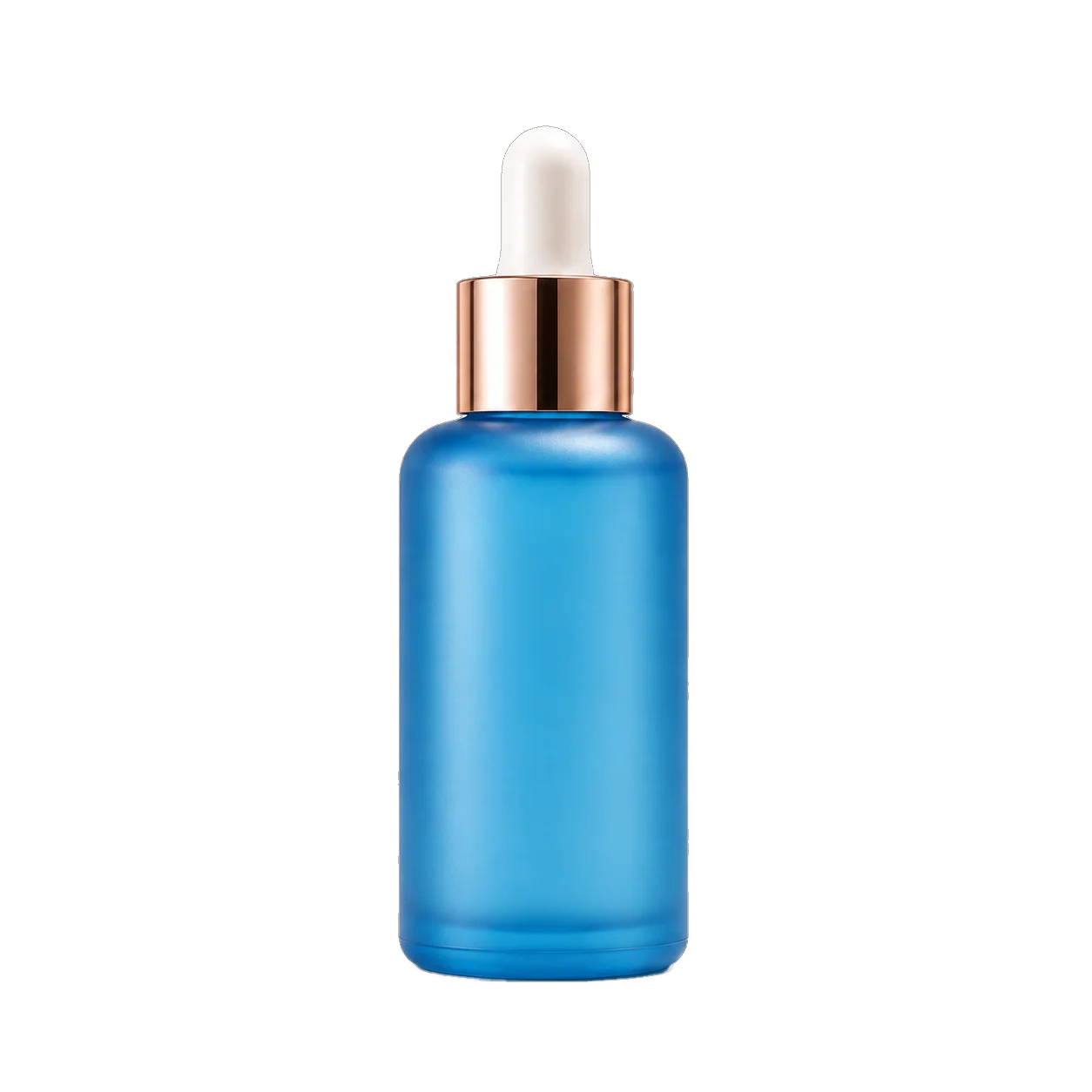 Cobalt blue skincare serum bottle with rose-gold dropper, isolated on a transparent background by the AI background remover, ready for an online store product listing