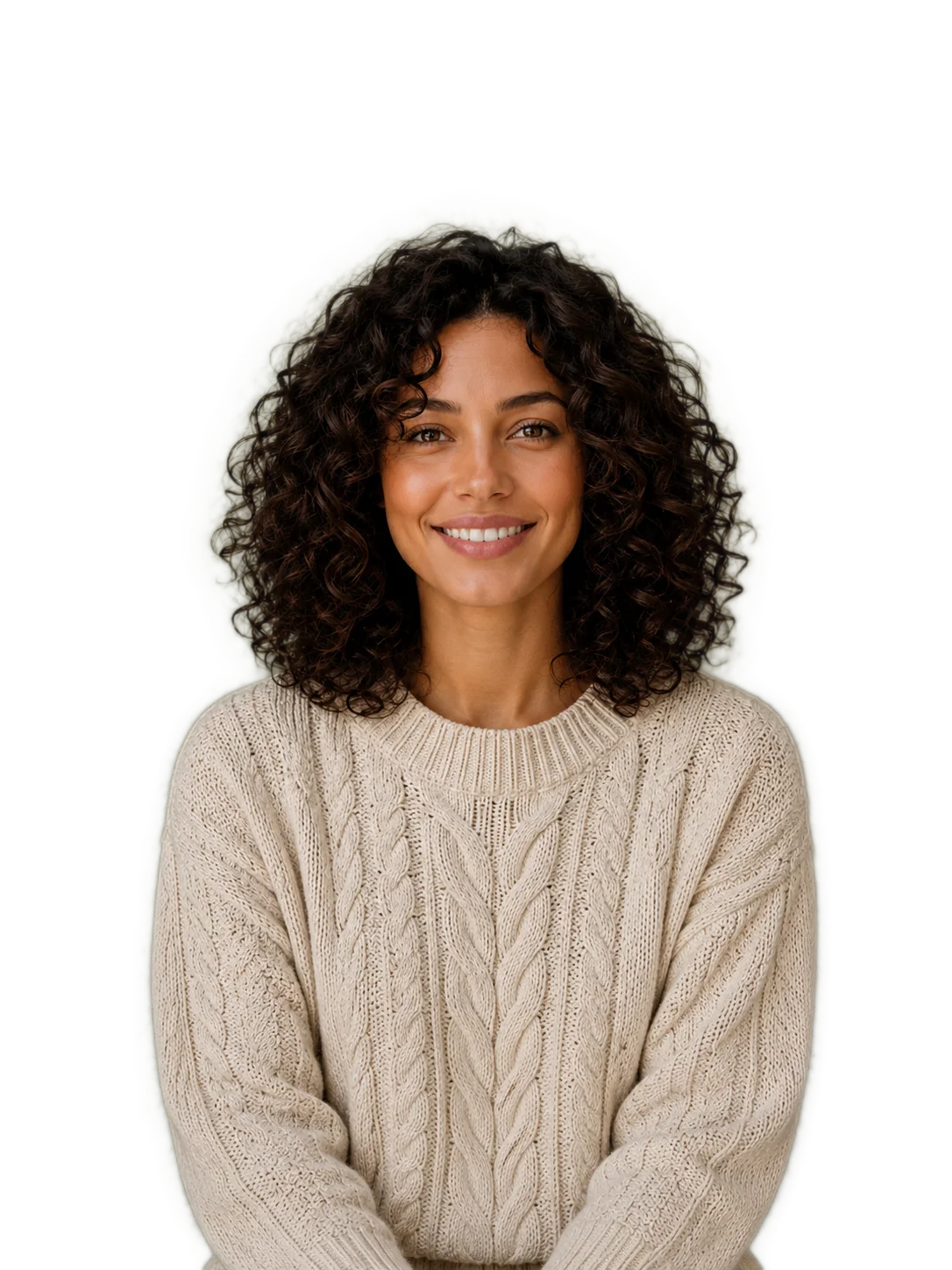 Professional headshot of a smiling woman with curly hair, background automatically removed by AI, isolated cutout ready for a profile picture or resume