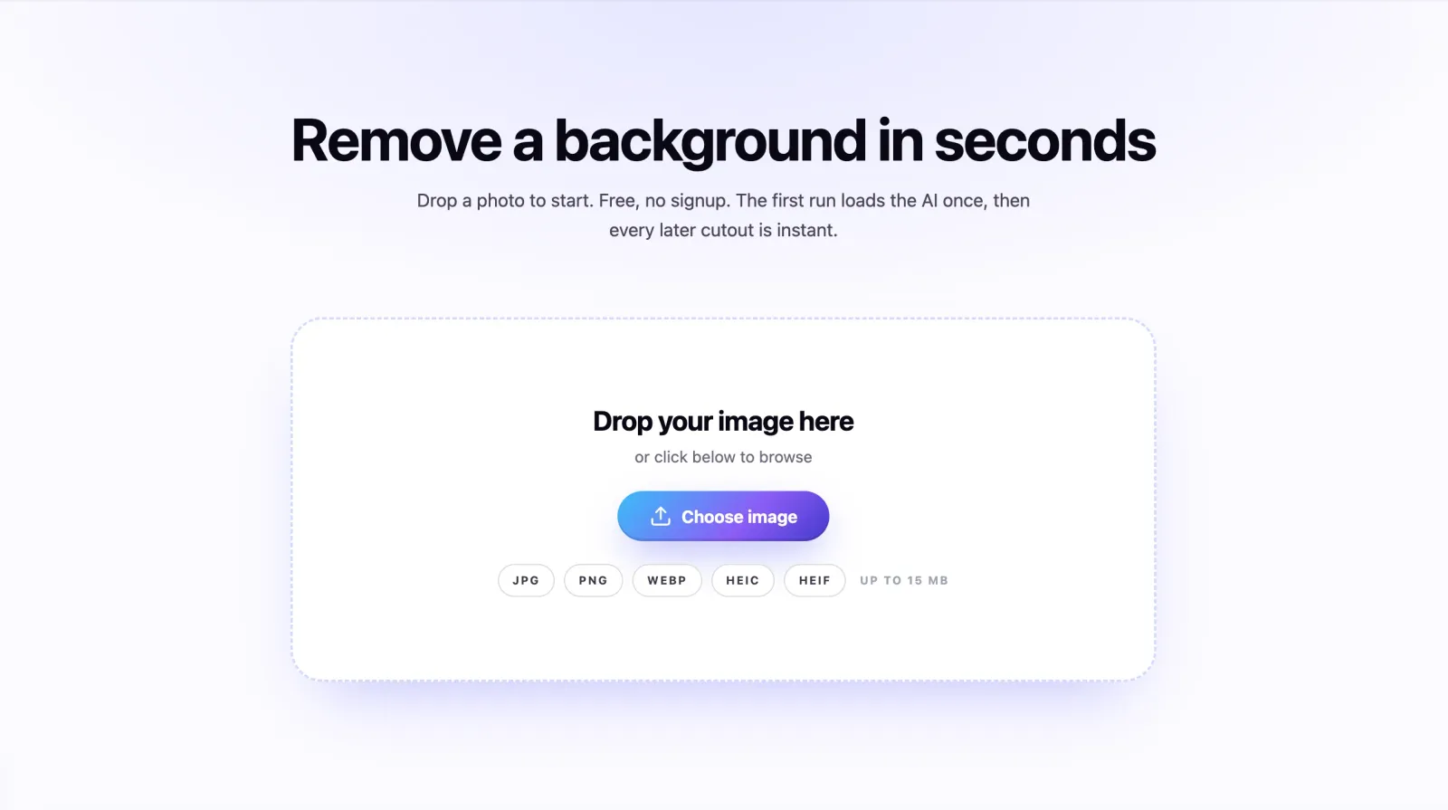 The AI Background Remover upload area listing supported formats