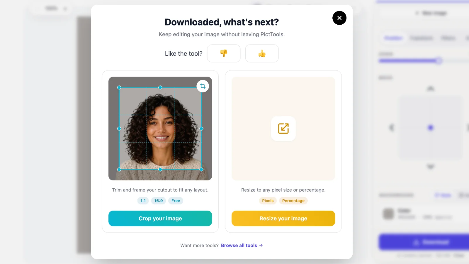 Download dialog with resize and crop controls in the AI Background Remover