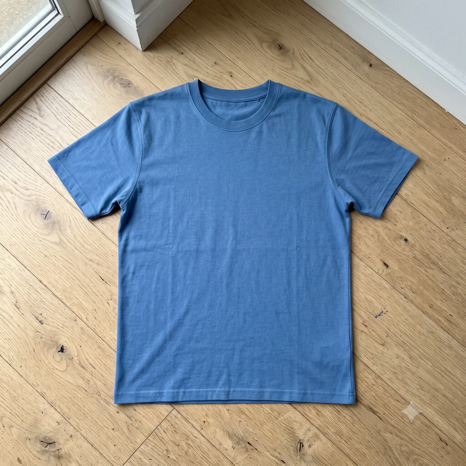 Phone photo of a blue t-shirt laid flat on a wooden floor
