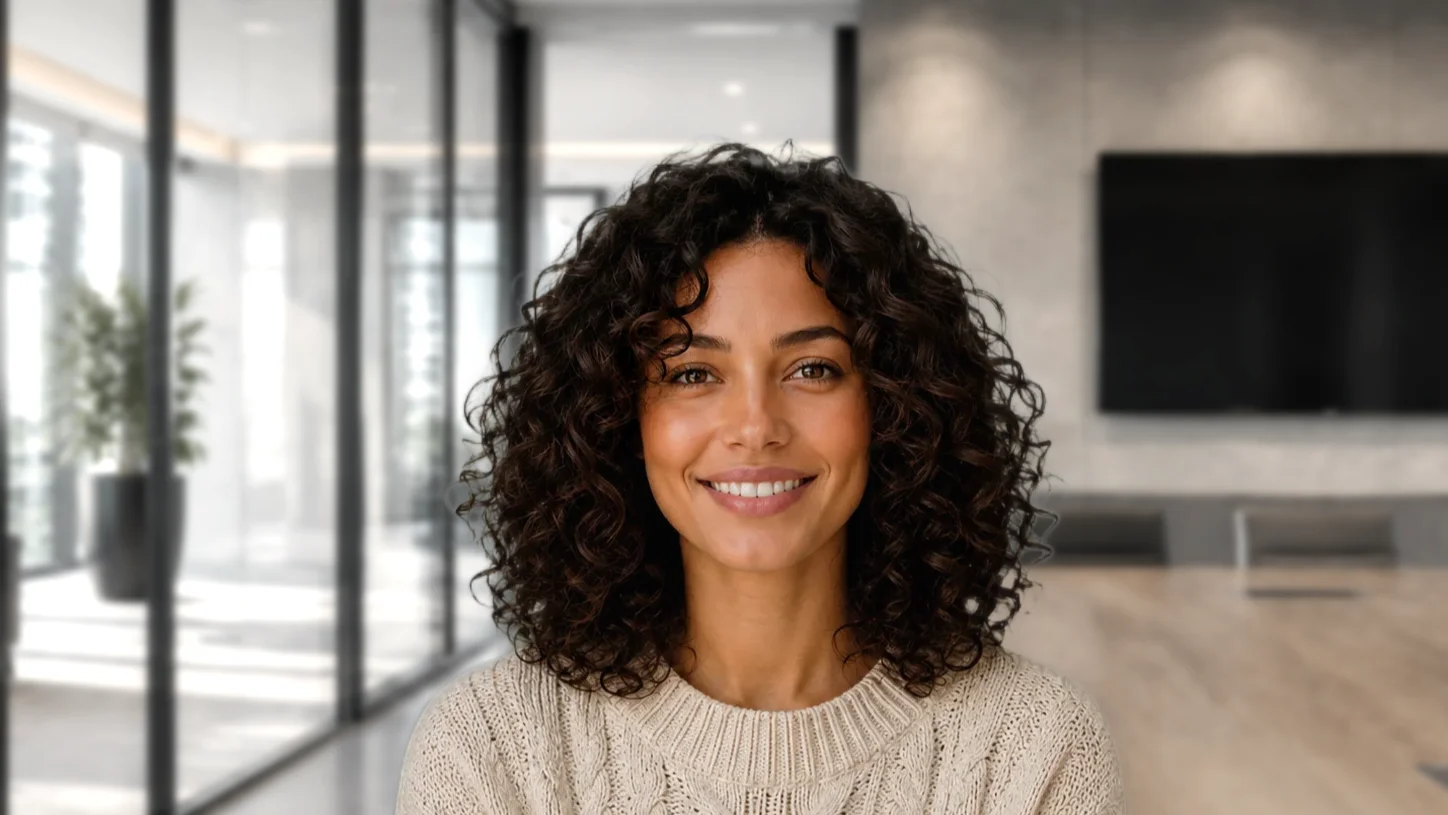 Professional headshot in front of a blurred office interior