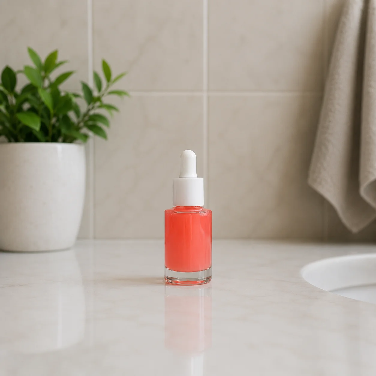 Phone photo of a coral serum bottle on a bathroom counter