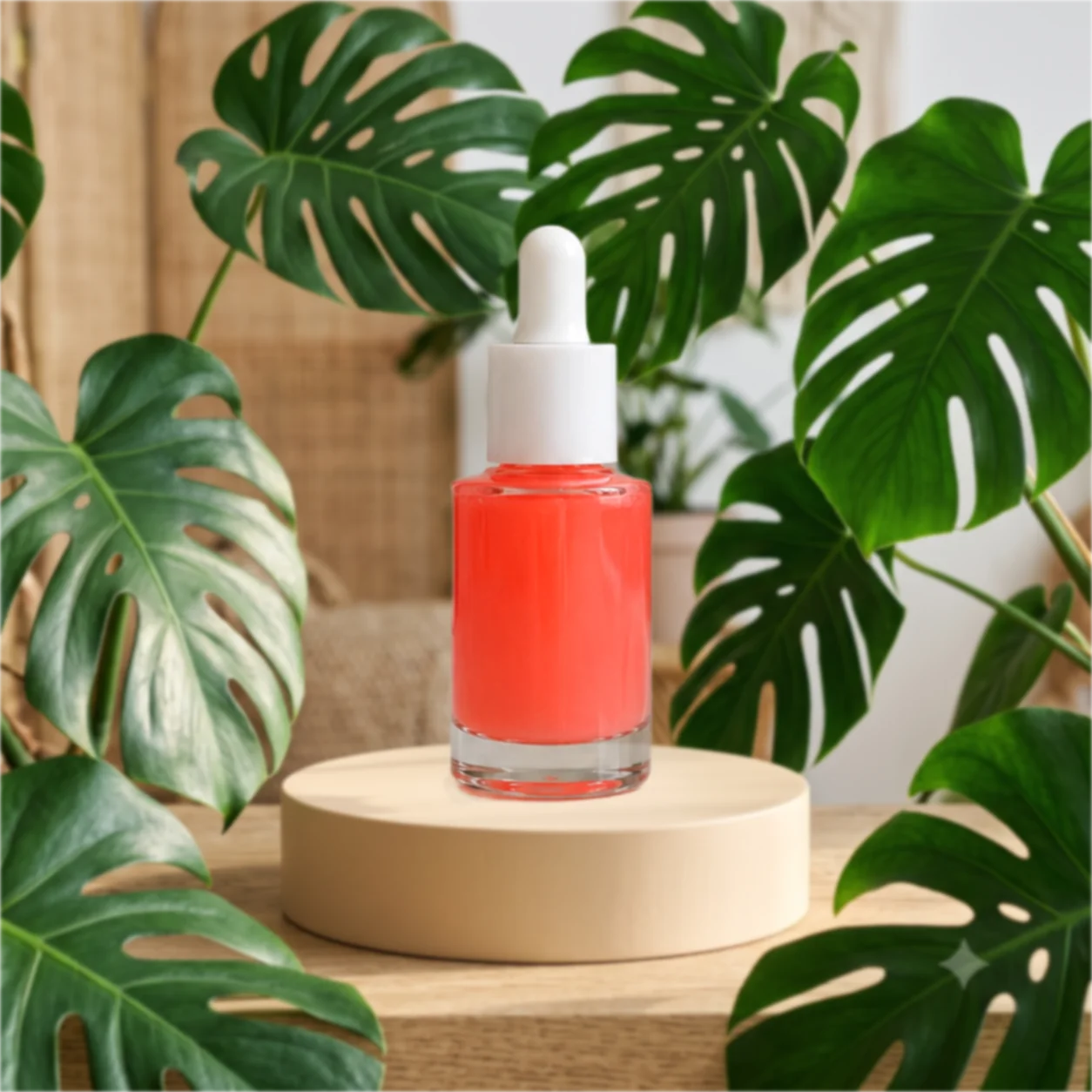 Serum bottle composited onto a botanical podium scene