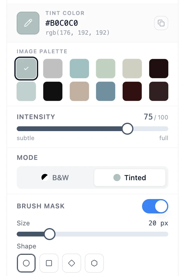 Tint color picker and mode selector on the monochrome photo tool