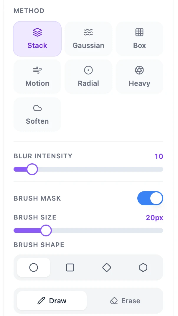 Blur method picker and intensity slider on the free online blur tool