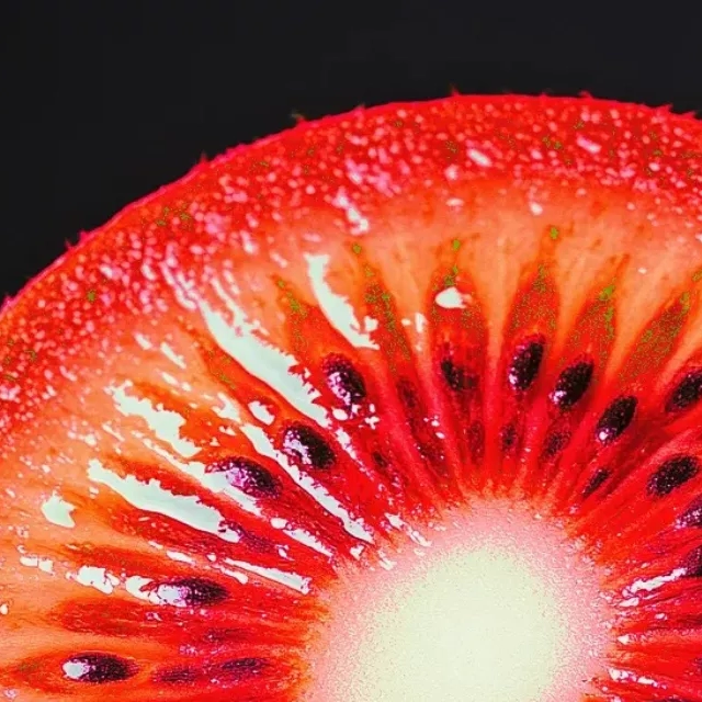 Same kiwi slice with the flesh recolored bright red while seeds stay intact