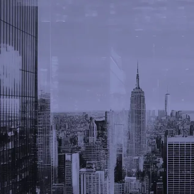 Same Manhattan skyline rendered in cool blue for a blue hour mood