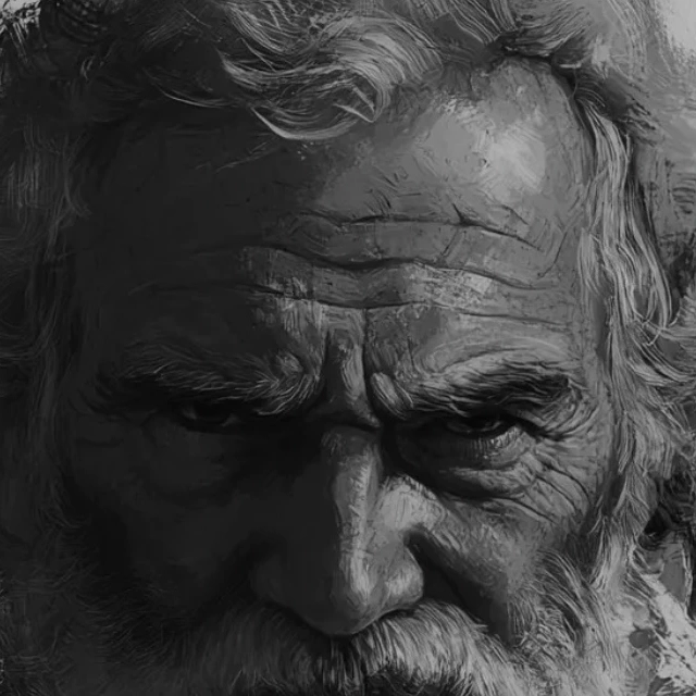 Same painted portrait converted to a clean grayscale gallery print
