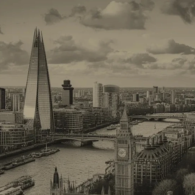 London skyline rendered in warm sepia for a vintage editorial look