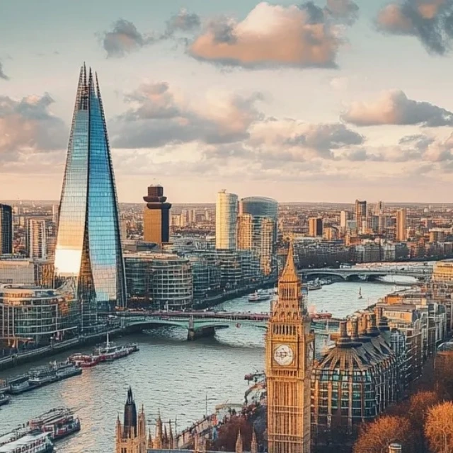 Colorful London skyline photo before sepia tinted monochrome conversion